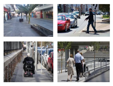 Accessible Street, Visually impaired person crossing a road using a cane, man in powered wheelchair, wheelchair user accompanied by a man and a woman.